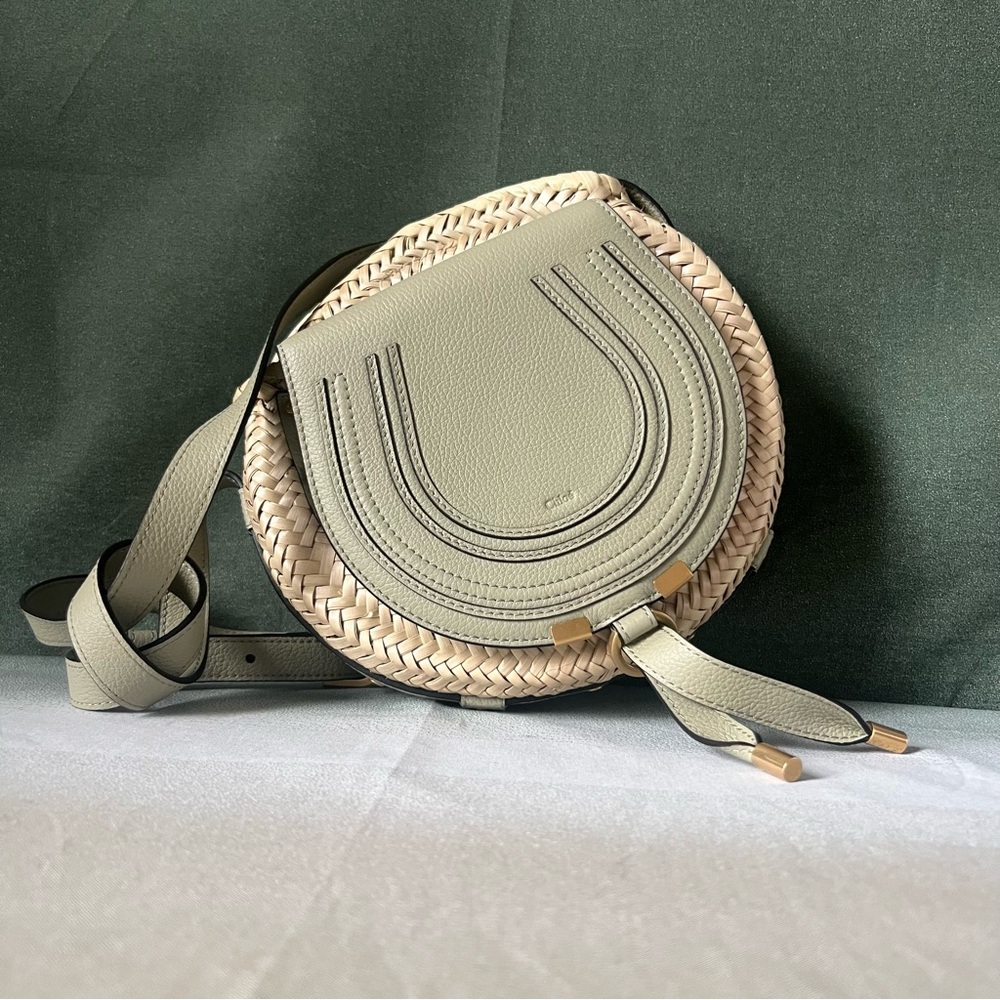 Chloe Raffia Grain Calfskin Small Marcie Basket Crossbody Bag Faded Green